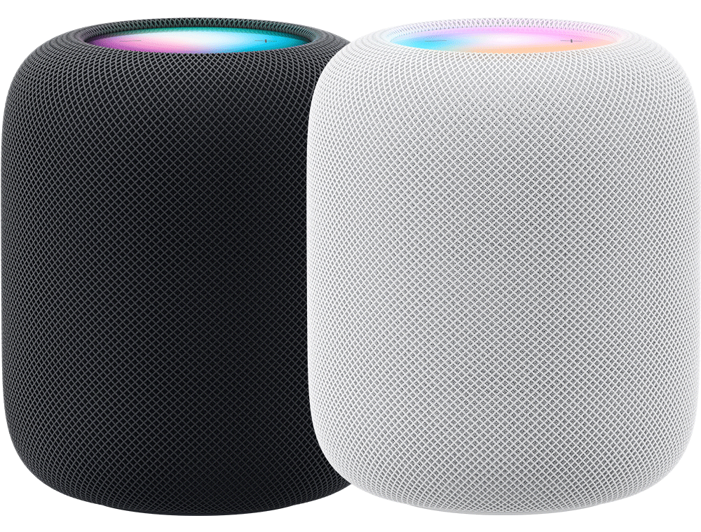 To HomePod (2. generation) i hhv. farven midnat og hvid side om side