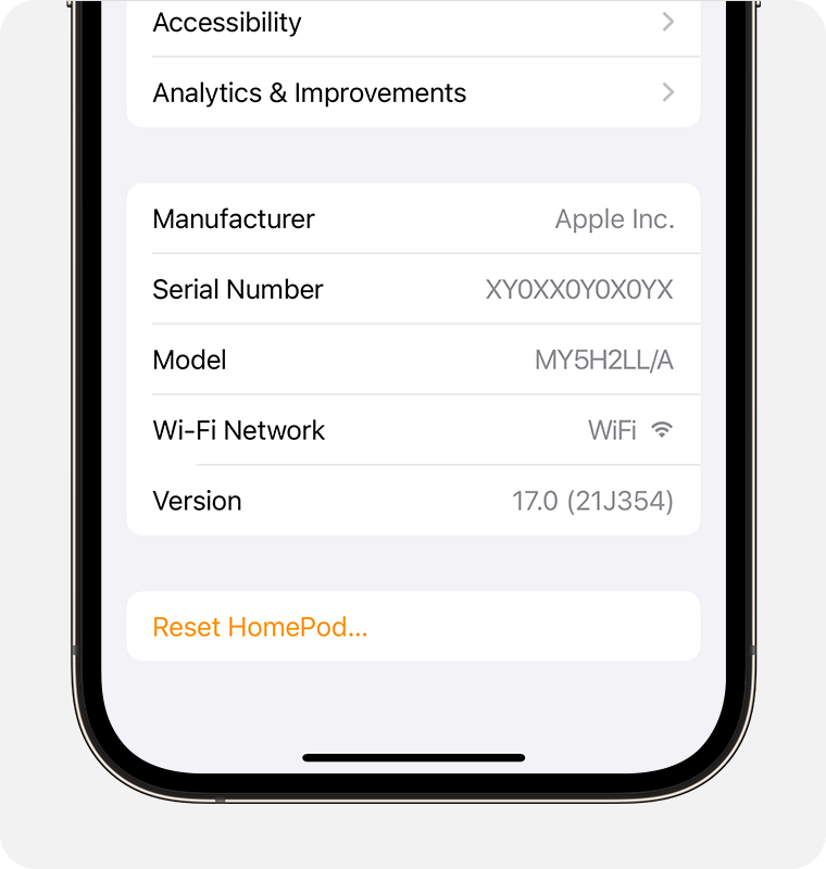 HomePod settings screen