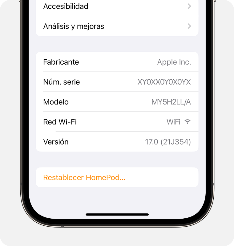 Pantalla de ajustes del HomePod