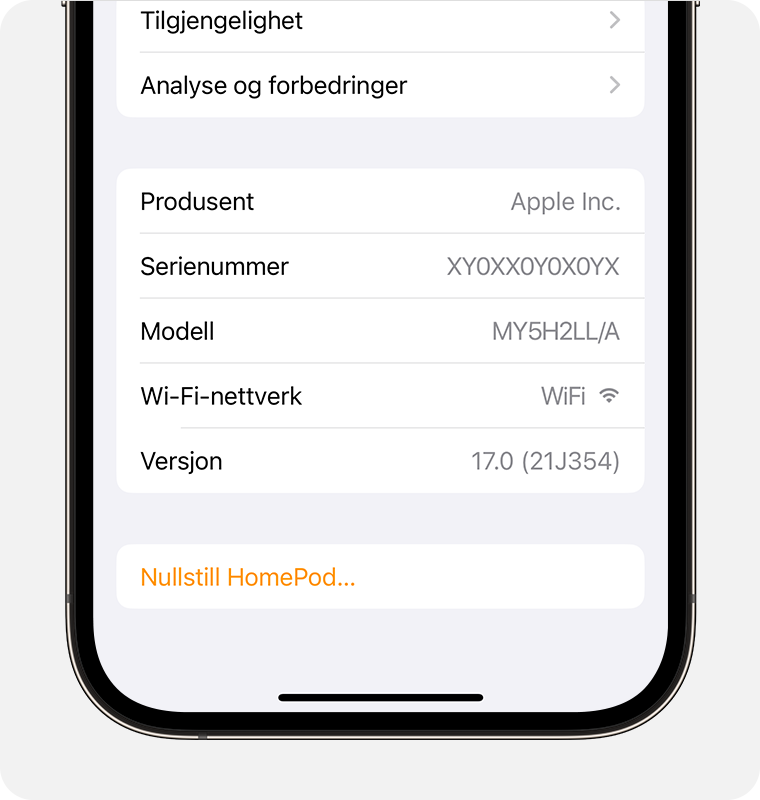 Skjermbilde for innstillinger for HomePod