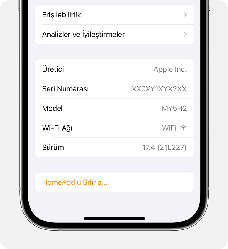 Homepod ayarları ekranı