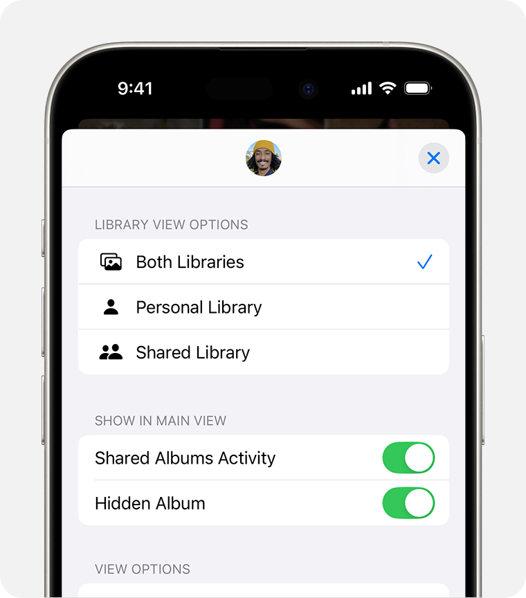 An iPhone screen showing Both Libraries, Personal Library and Shared Library under Library View Options.