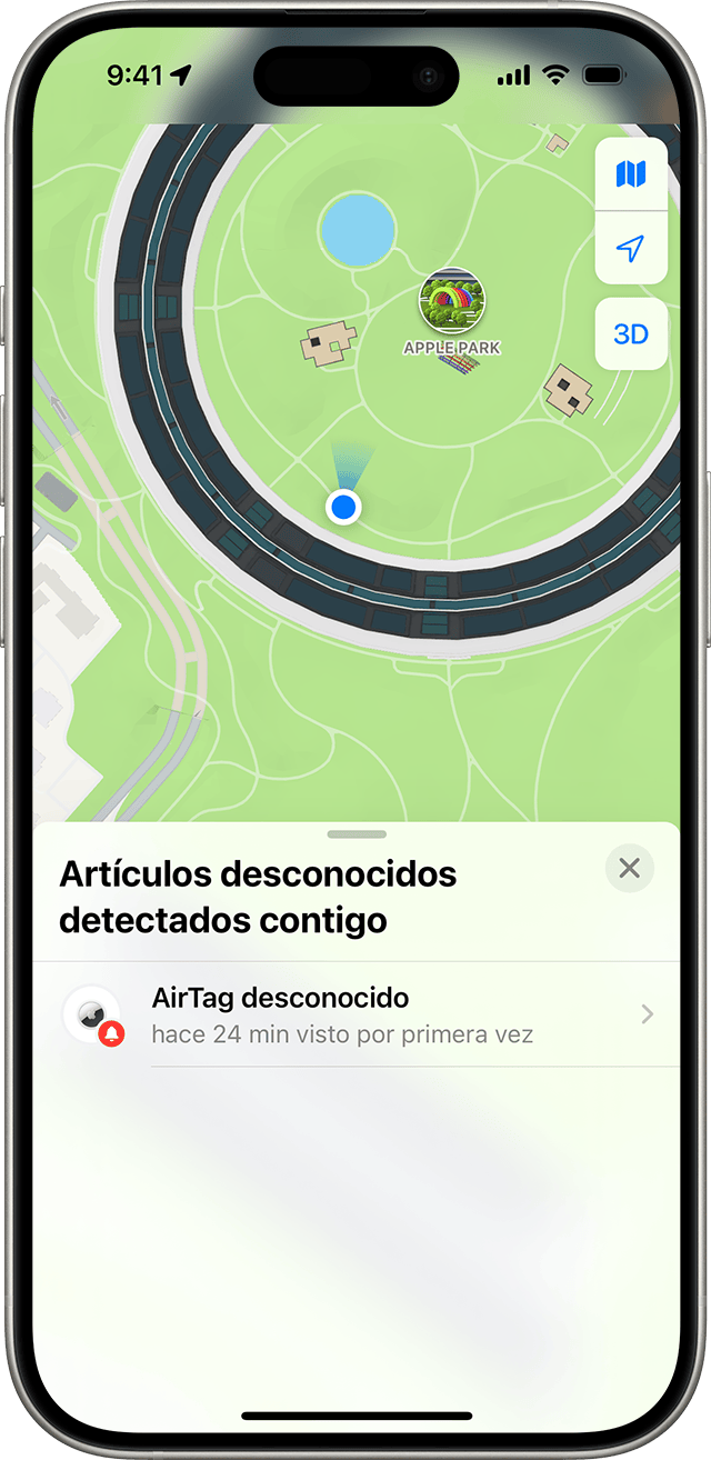 Pantalla de iPhone en la que se muestran los elementos desconocidos detectados con el mensaje.