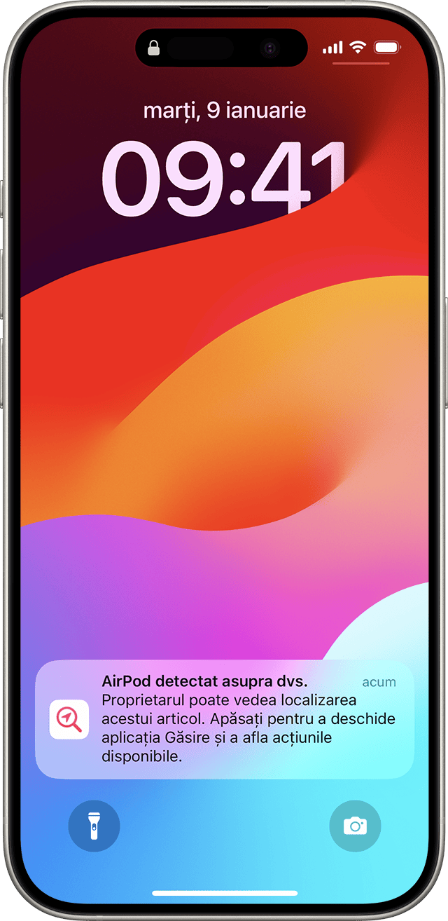 Ecran de iPhone pe care se afișează notificarea AirPod detectat.
