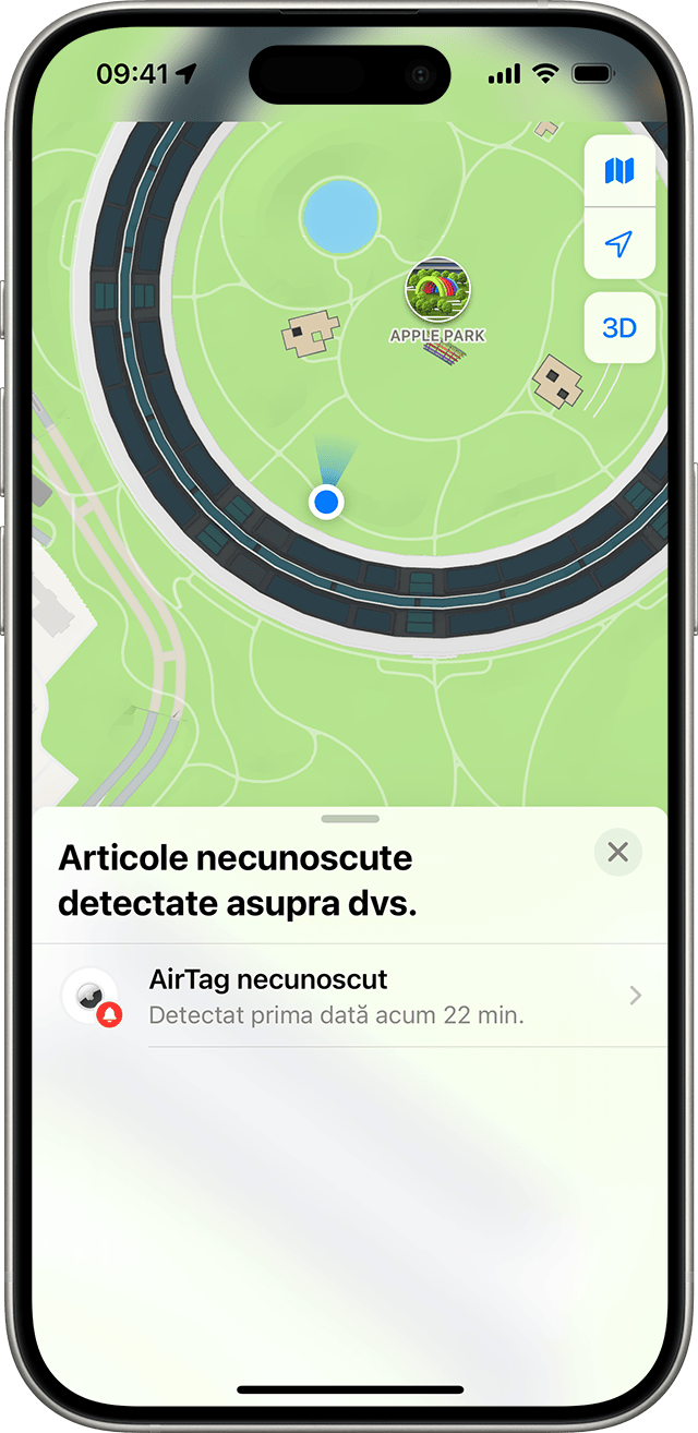 Ecran de iPhone pe care se afișează articole necunoscute detectate cu mesajul tău.