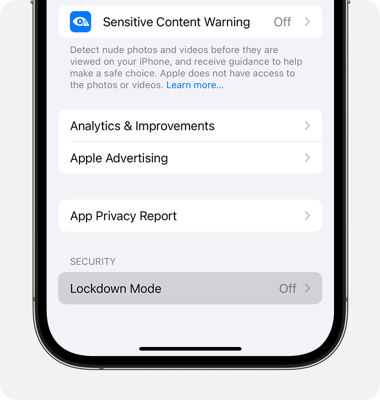 Lülitage iPhone’is valiku Privacy & Security (Privaatsus ja turvalisus) all sisse Lockdown Mode (Lukustusrežiim).