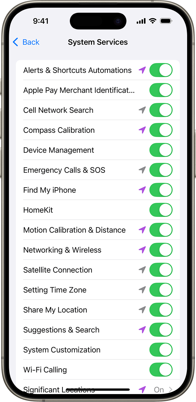 Réglage Services système sur un iPhone