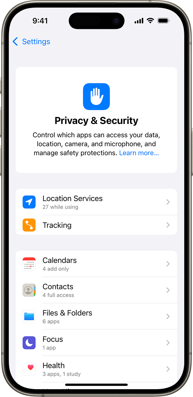 Scherm met de instellingen voor privacy en beveiliging op de iPhone