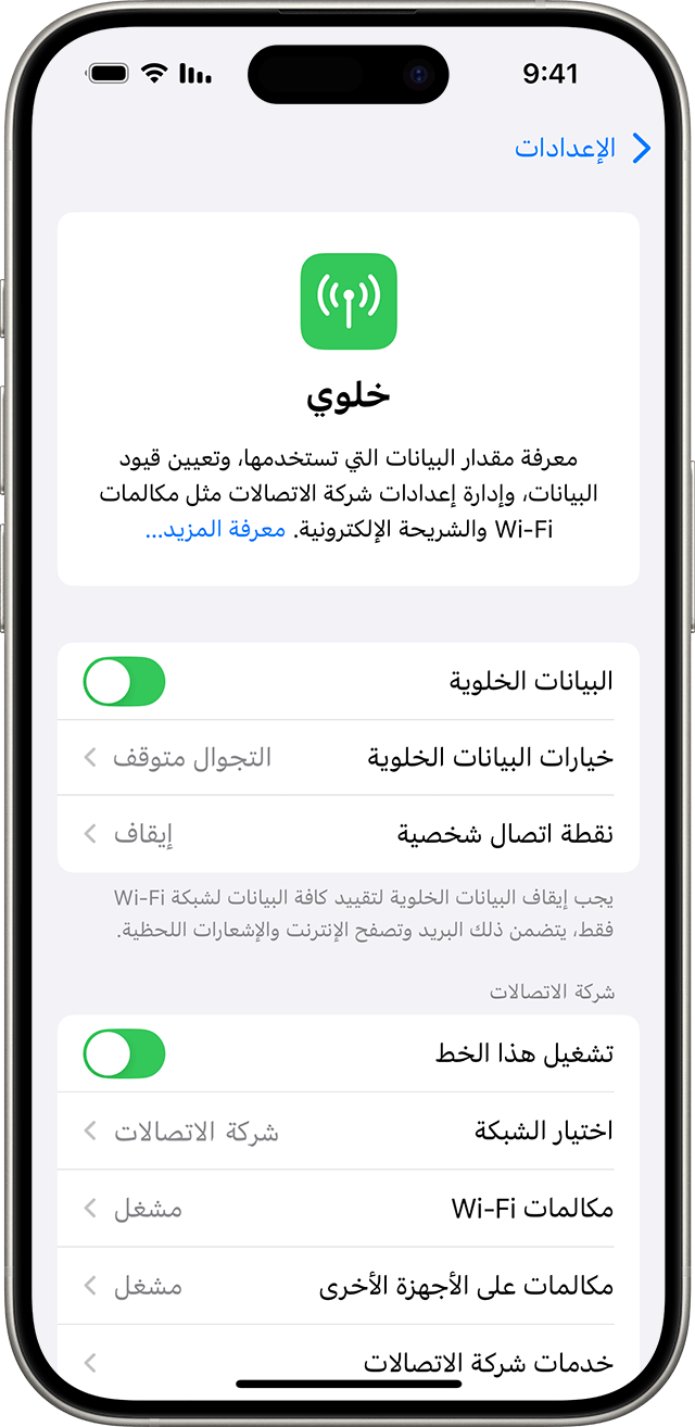 قائمة إعدادات iOS 18 تعرض الخيارات الخلوية