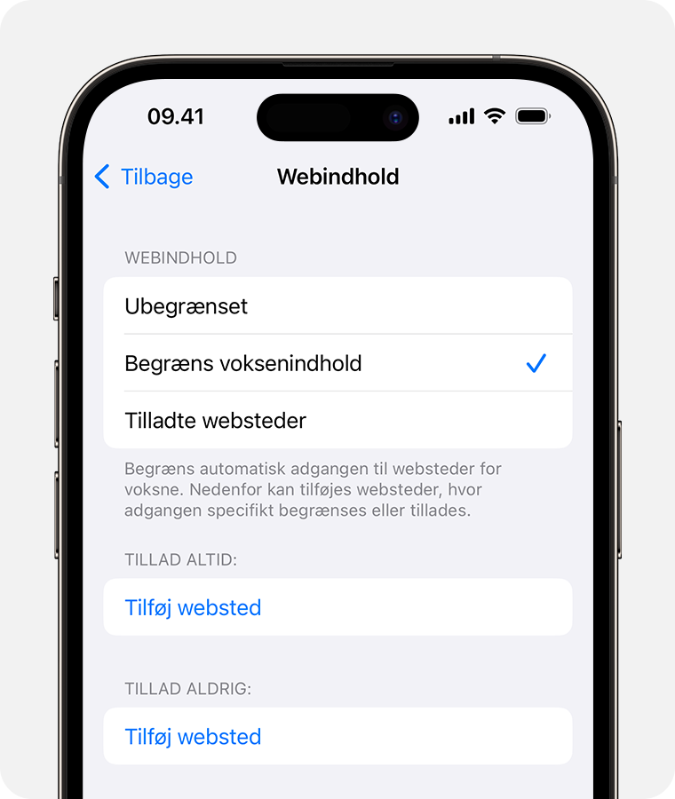 iPhone-skærm, der viser muligheder for Webindhold for børnesikring