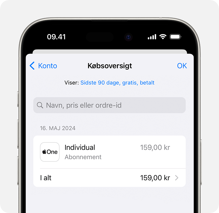 Et billede, der viser Købsoversigt på en iPhone