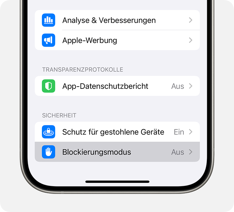 Aktivieren des Blockierungsmodus in den Datenschutz- und Sicherheitseinstellungen auf dem iPhone.