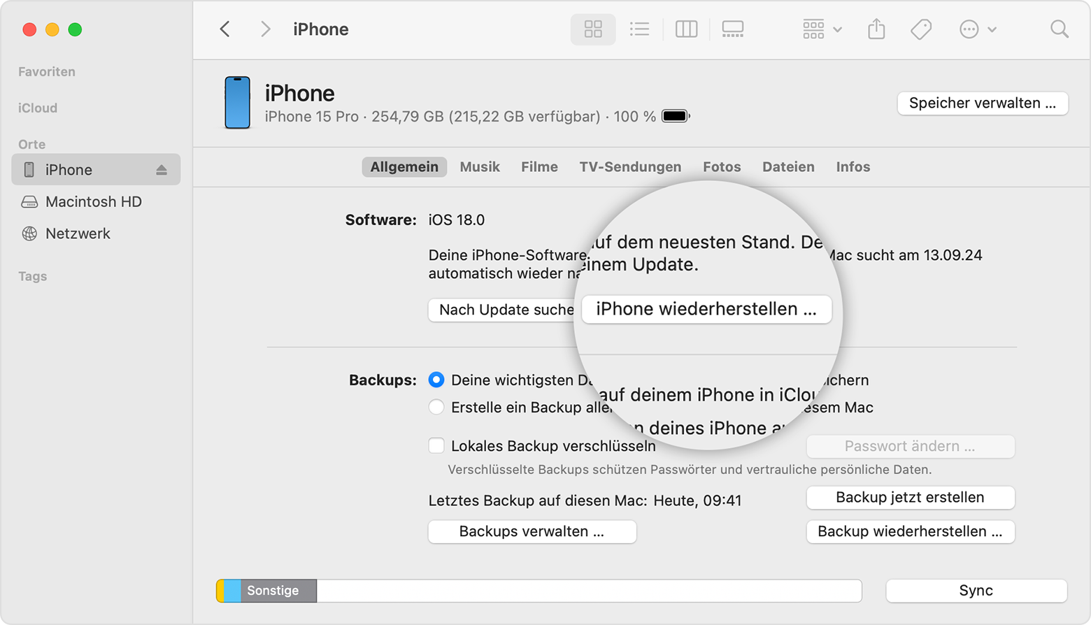 Ein Finder-Fenster mit der Option, dein iPhone wiederherzustellen