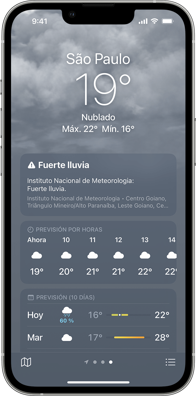 Un iPhone que muestra información sobre condiciones meteorológicas adversas en la app Tiempo.