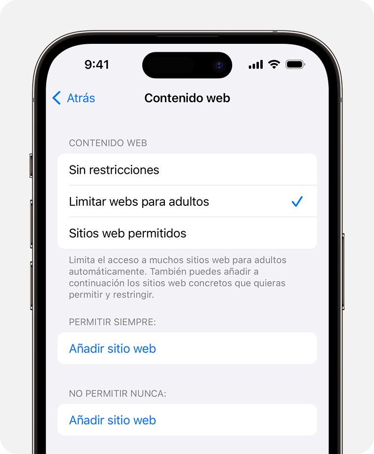 Pantalla de iPhone que muestra las opciones de contenido web para el control parental