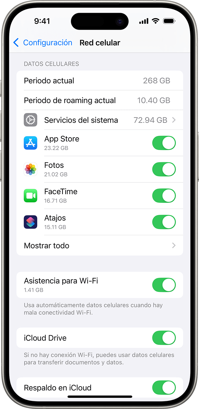 Menú de configuración de iOS 18 en el que se muestran las opciones de datos celulares