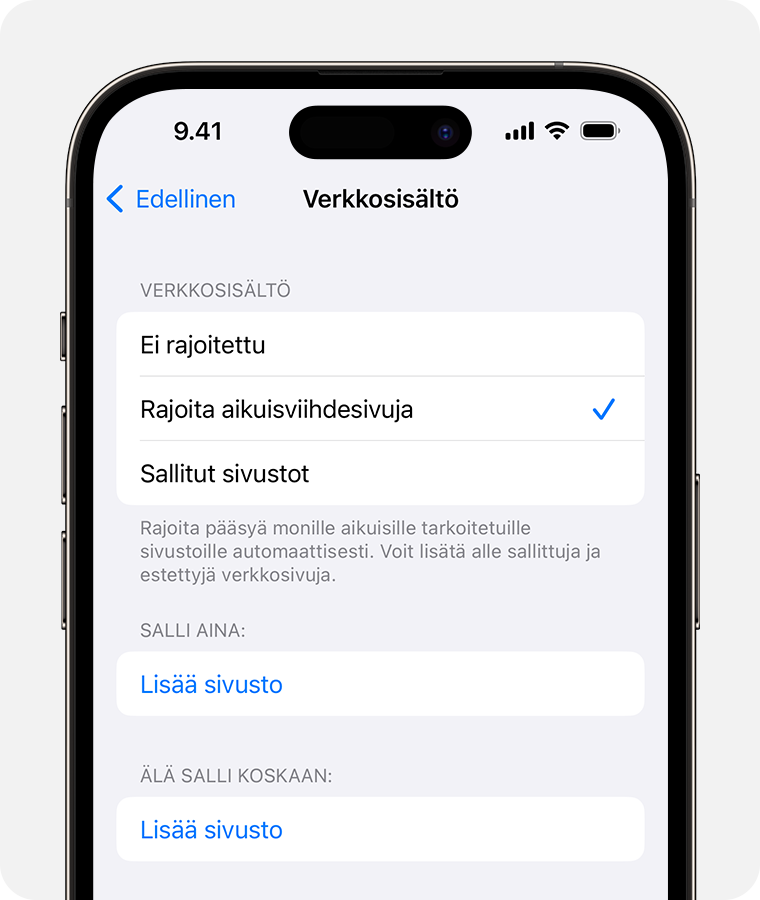 iPhonen näyttö, jossa näkyvät käyttörajoitusten Verkkosisältö-valinnat