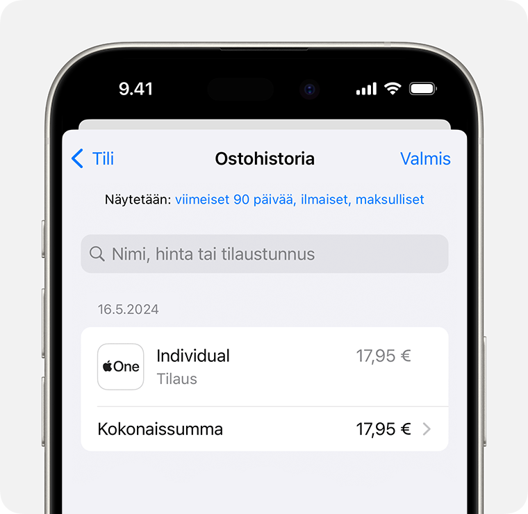 Kuva, jossa näkyy ostohistoria iPhonessa