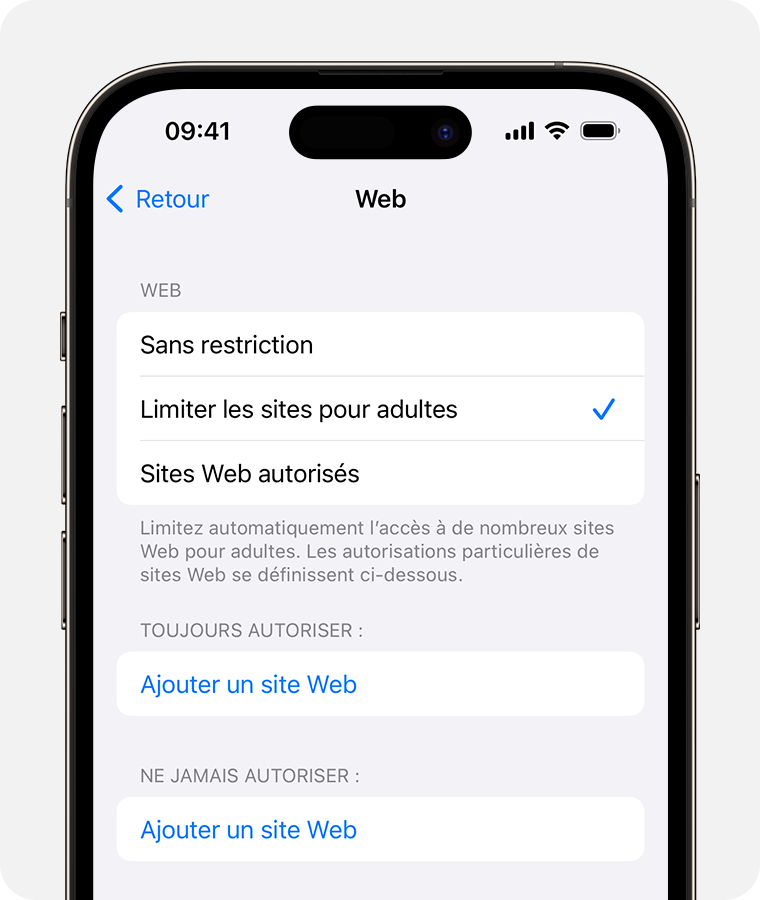 Écran d’iPhone affichant les options de contenu Web pour le contrôle parental