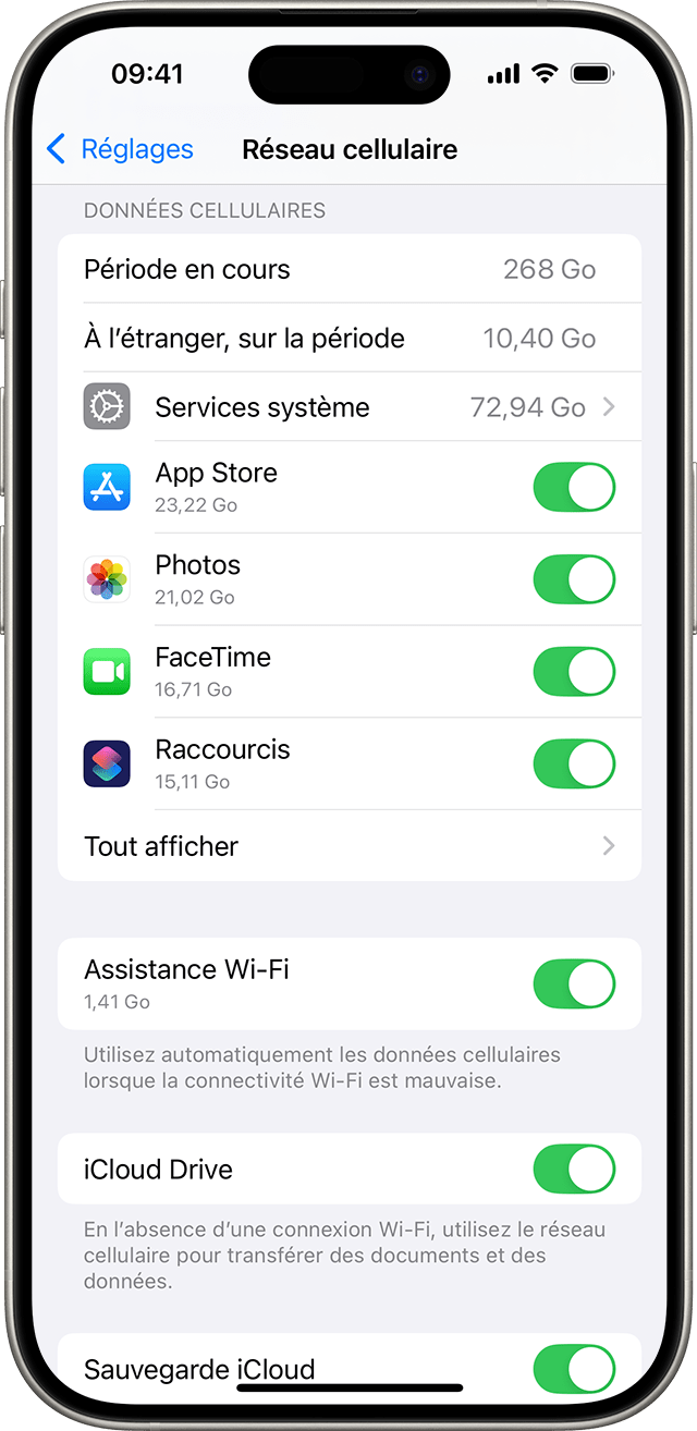 Menu des réglages d’iOS 18 affichant les options de données cellulaires