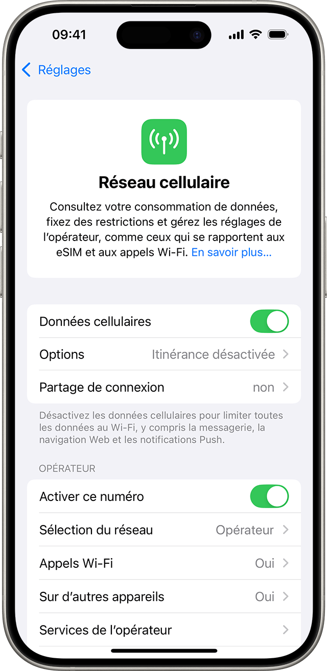 Menu des réglages d’iOS 18 affichant les options de données cellulaires