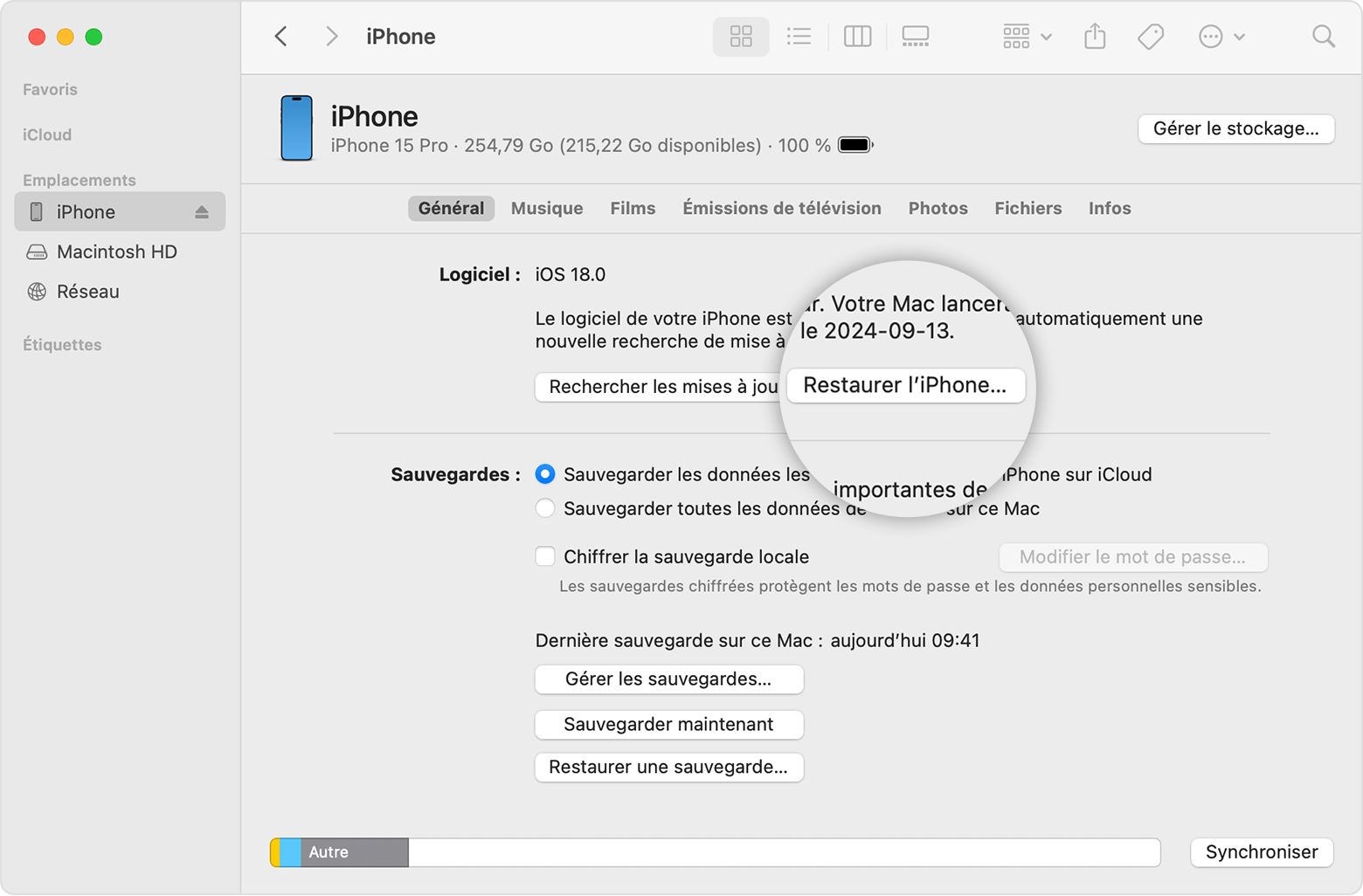 Une fenêtre du Finder affichant l’option de restauration de votre iPhone