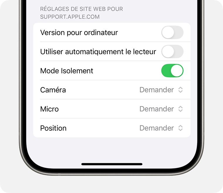 Pour exclure un site web des protections du mode Isolement, désactivez le mode Isolement dans les Réglages de la page de Safari.