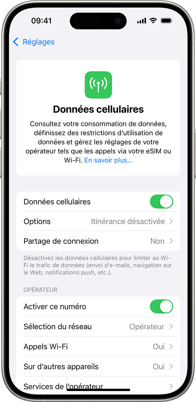 Menu des réglages d’iOS 18 présentant les options cellulaires