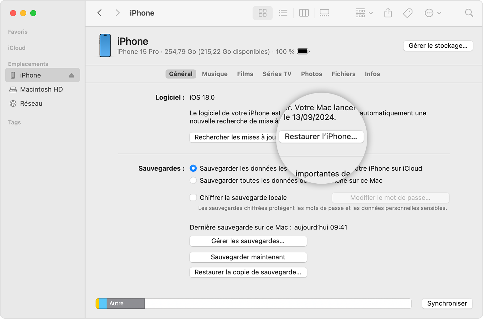 Une fenêtre du Finder affichant l’option de restauration de votre iPhone