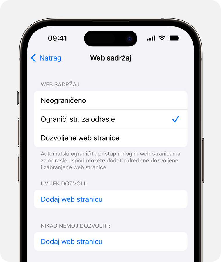 iPhone zaslon s prikazom opcija web-sadržaja za roditeljsku kontrolu