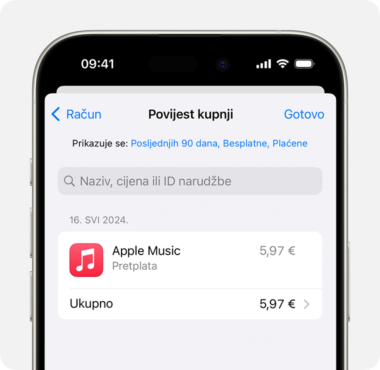 Slika s prikazom Povijesti kupnji na iPhone uređaju