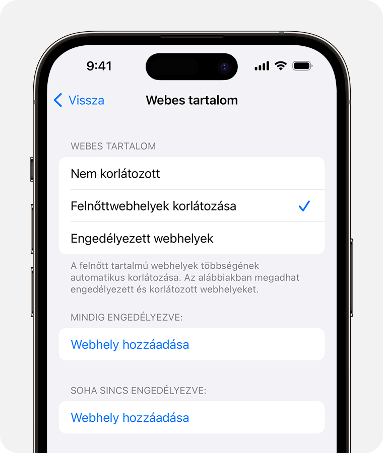 Egy iPhone képernyője, amelyen a szülői felügyelethez tartozó, webes tartalmakkal kapcsolatos opciók láthatók