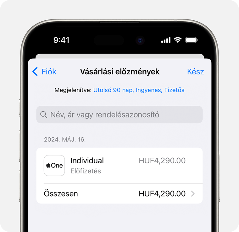 Egy kép, amelyen az iPhone-on megjelenő Vásárlási előzmények lap látható