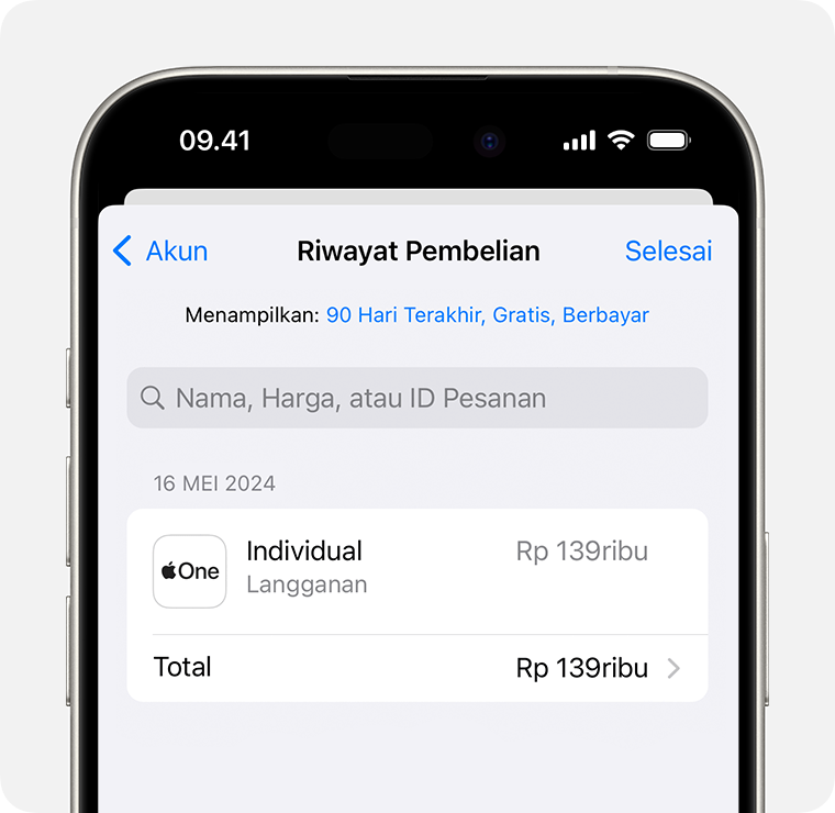 Gambar yang menampilkan Riwayat Pembelian di iPhone