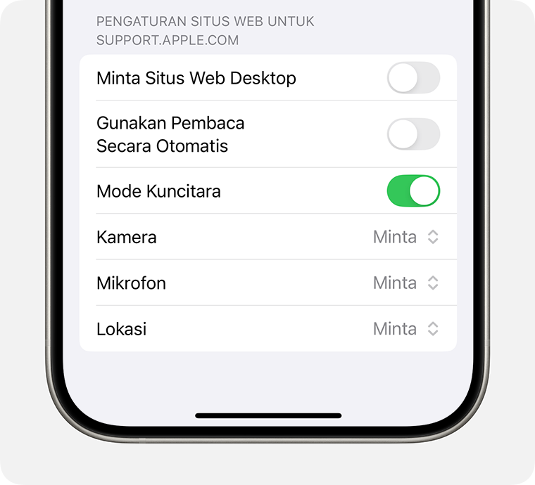 Untuk mengecualikan situs web tertentu dari perlindungan Mode Kuncitara, matikan Mode Kuncitara melalui Pengaturan Halaman di Safari.