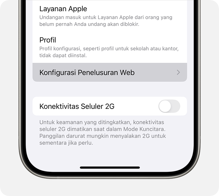 Untuk mengecualikan app atau mengedit situs web yang dikecualikan, ketuk Konfigurasi Penelusuran Web.