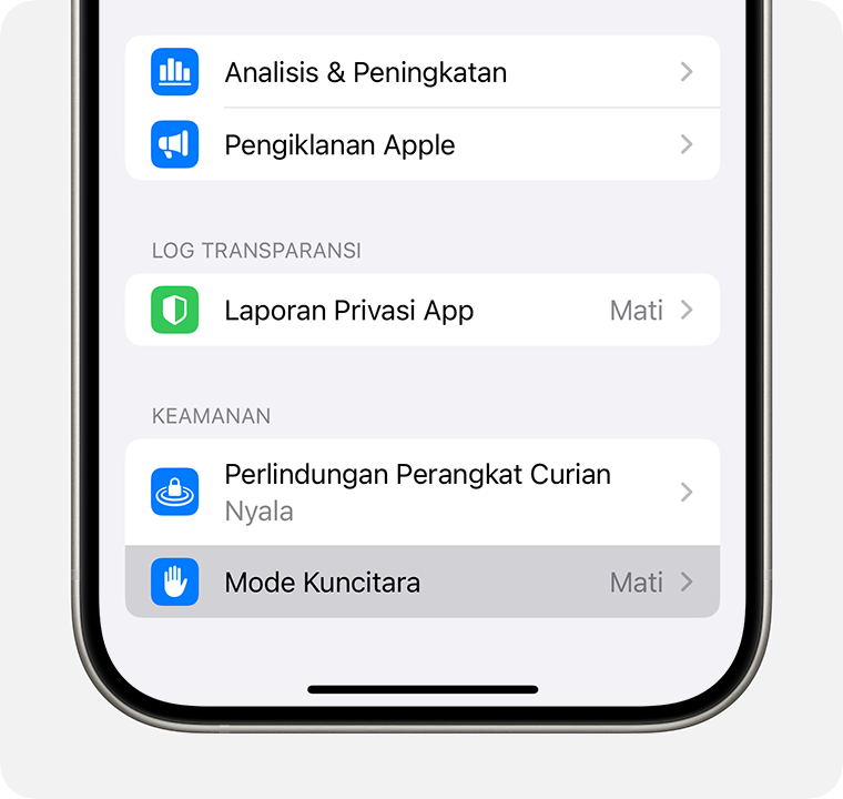 di pengaturan Privasi & Keamanan di iPhone, nyalakan Mode Kuncitara.