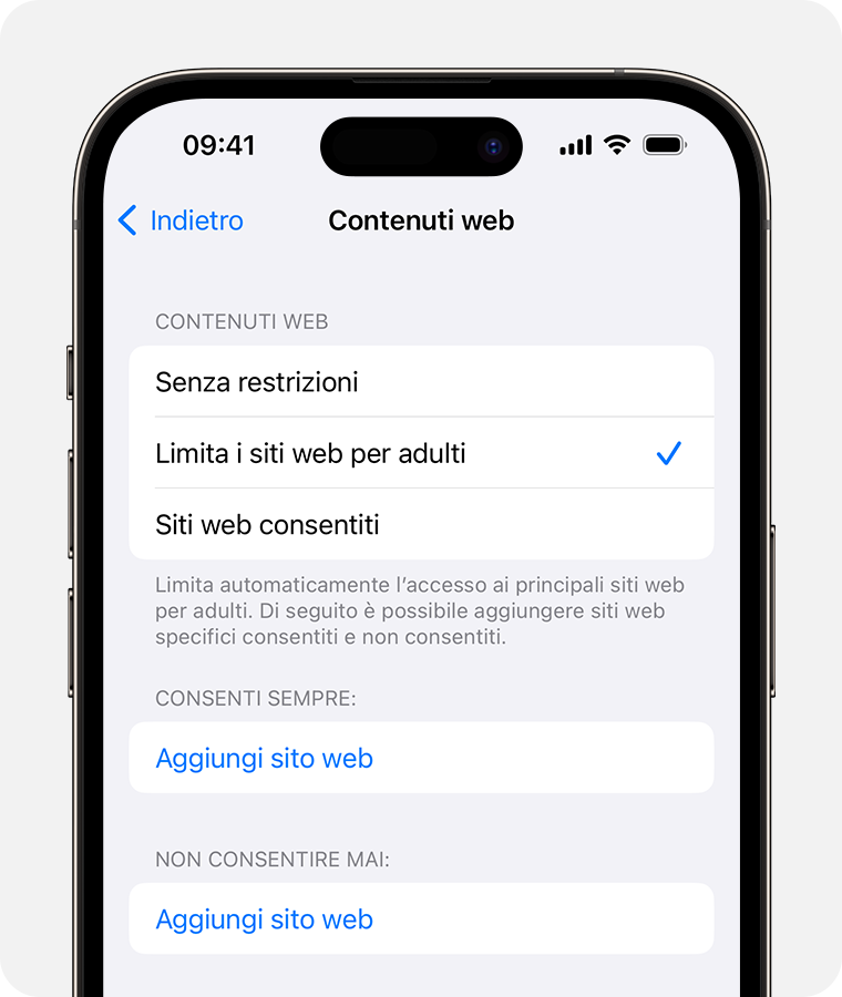 Schermata di iPhone che mostra le opzioni per i controlli parentali di Contenuti web