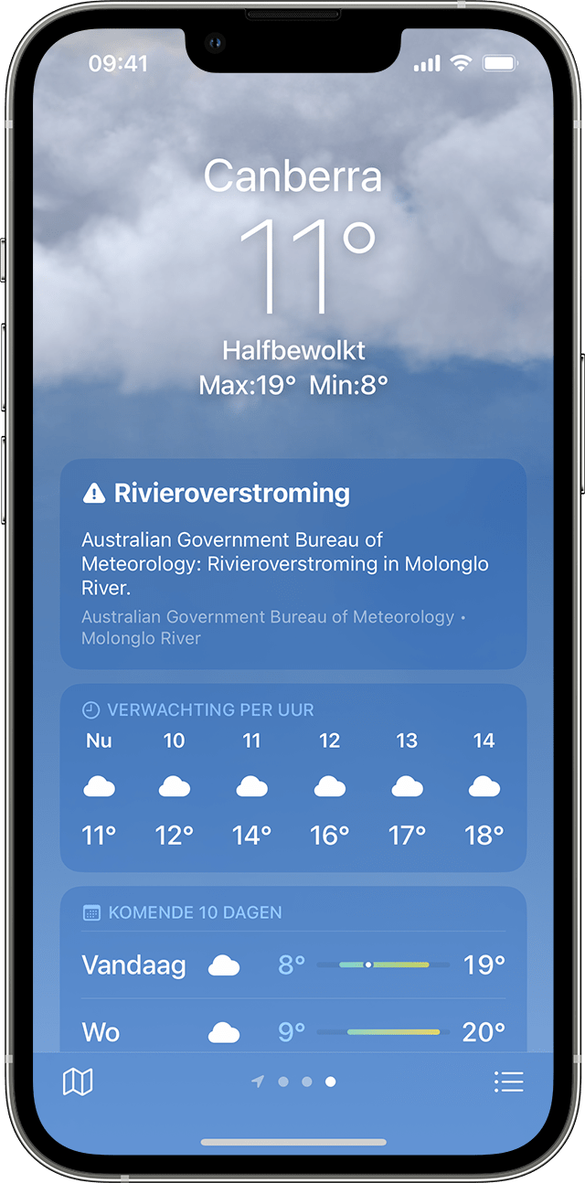 iPhone met informatie over noodweer in de Weer-app.