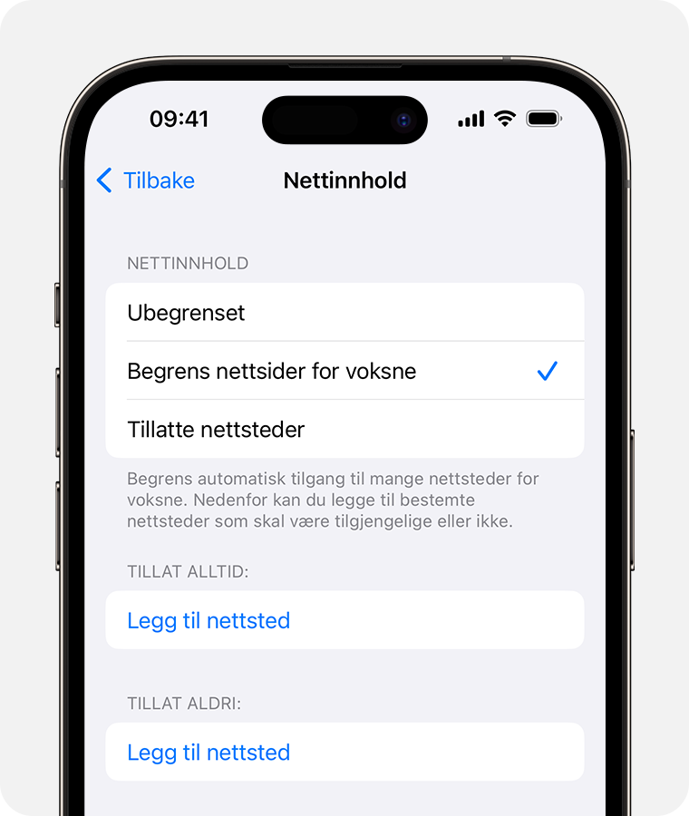 iPhone-skjerm som viser alternativer for nettinnhold for foreldrekontroll