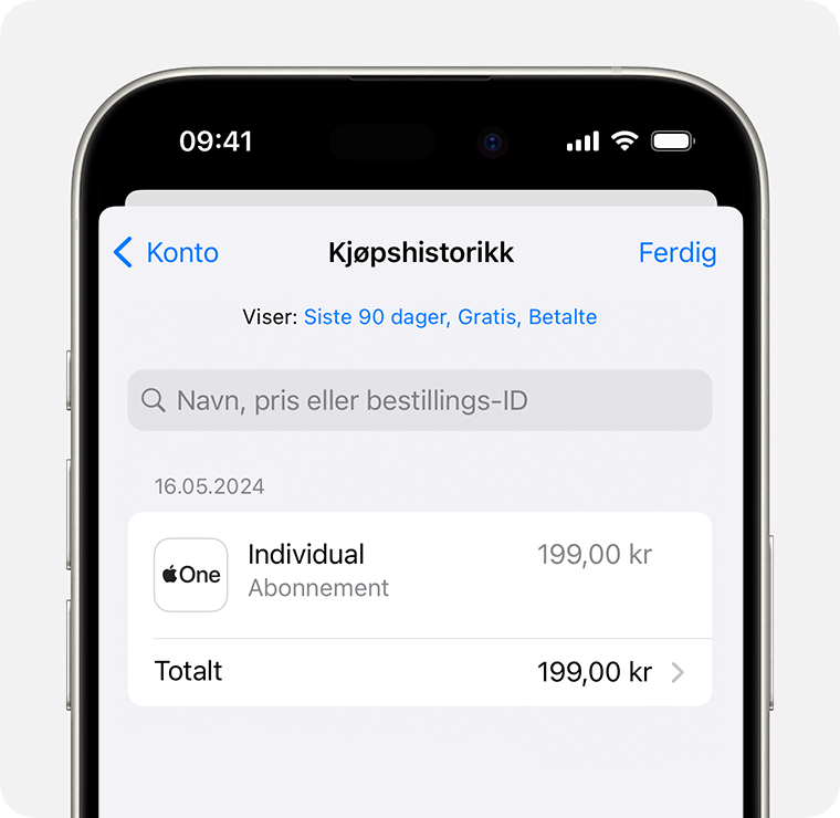 Et bilde som viser kjøpshistorikk på en iPhone