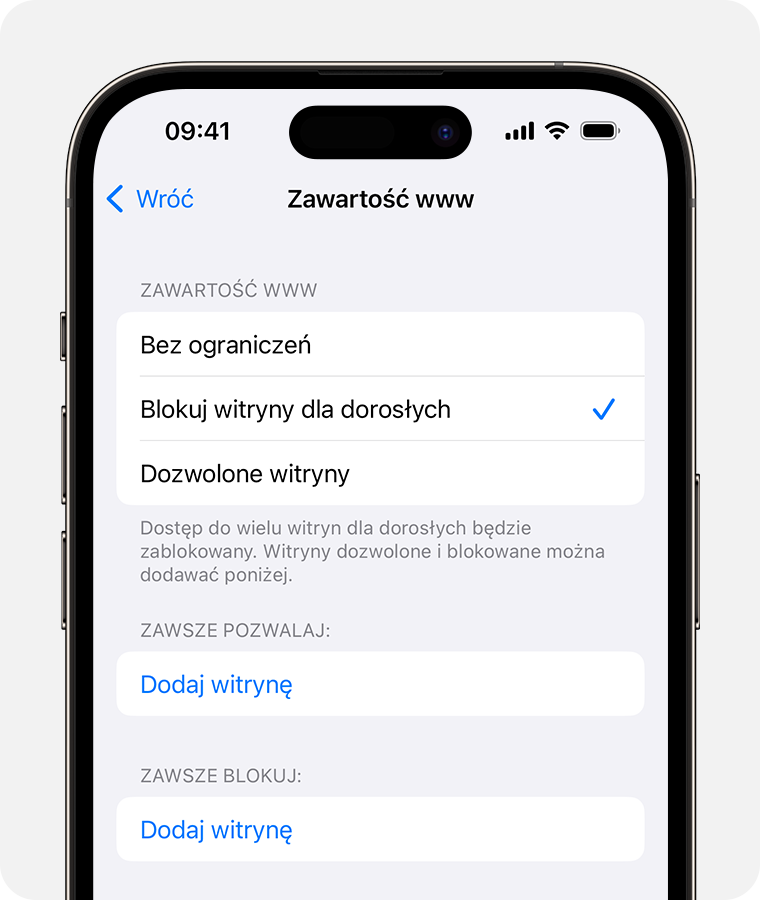 iPhone — ekran przedstawiający opcje treści internetowych związane z nadzorem rodzicielskim