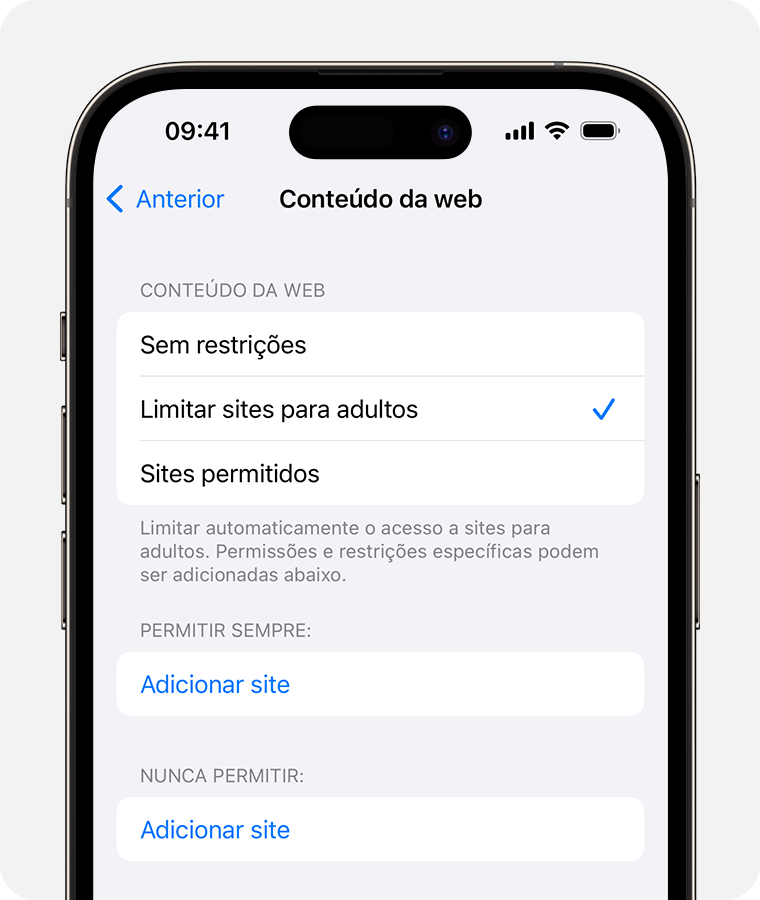 Ecrã do iPhone a mostrar as opções de Conteúdo web para controlos parentais