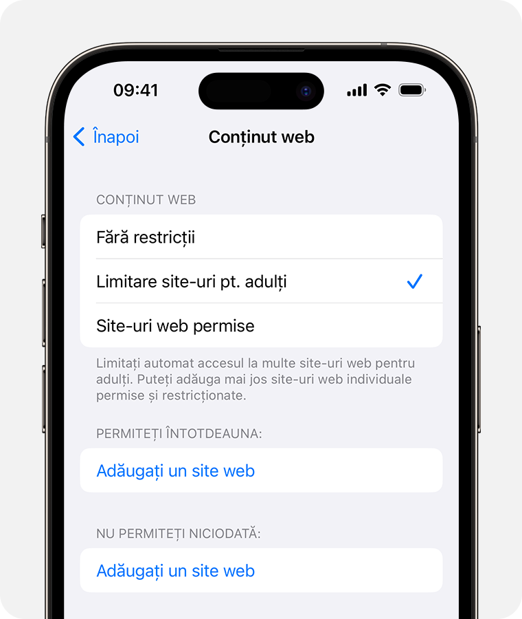 Ecran de iPhone care afișează opțiunile Conținut web pentru controalele parentale