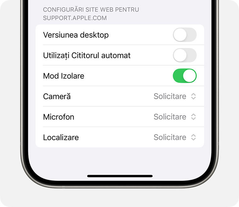 Pentru a exclude un site web din protecțiile Modului Izolare, dezactivează Mod Izolare în Configurări pagină din Safari.