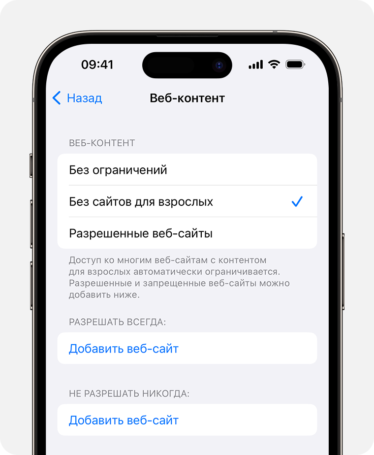 Экран iPhone, на котором показаны параметры родительского контроля для контента из Интернета