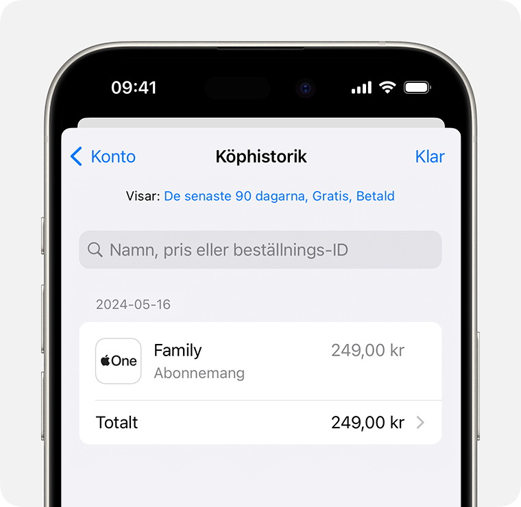 En bild där Köphistorik visas på en iPhone