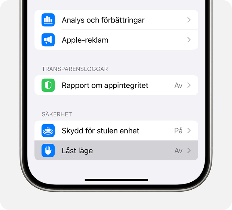 aktivera Låst läge i inställningarna för Integritet och säkerhet på iPhone.