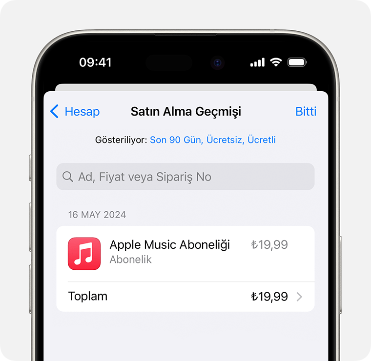 iPhone'da Satın Alma Geçmişi'ni gösteren görüntü