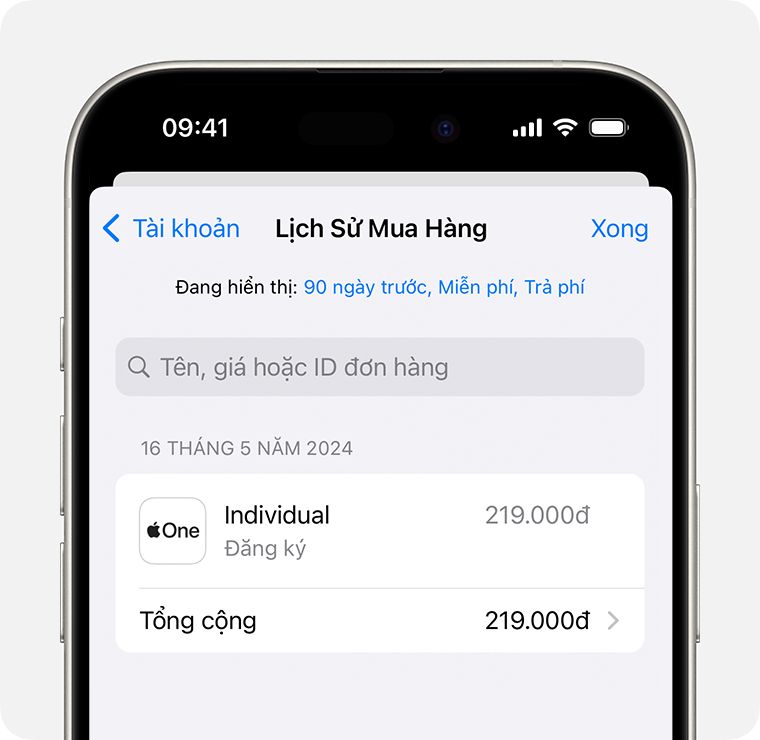 Hình ảnh hiển thị Lịch sử mua hàng trên iPhone